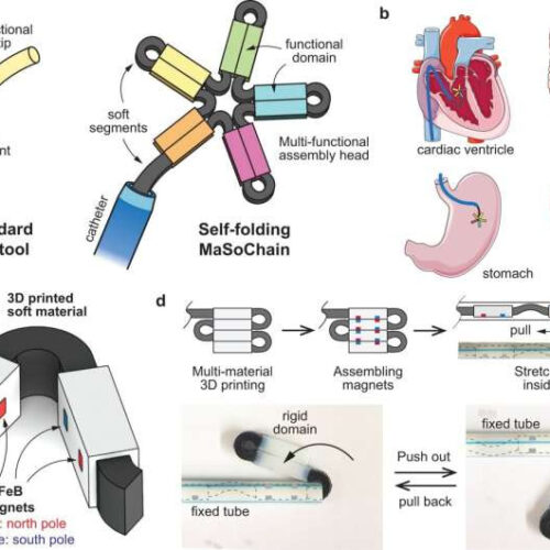 Self-folding surgical tools fit through a catheter for minimally invasive surgical procedures